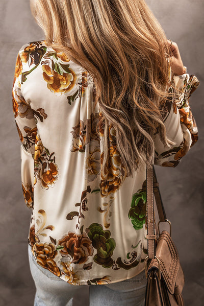 Apricot Gorgeous Floral Split Neck Flounce Sleeve Blouse-Tops-MomFashion