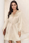 Apricot Lace Trim V Neck Tie Waist Long Sleeve Dress-Dresses-MomFashion