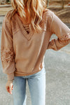 Apricot Lace Waffle Patchwork Strappy V Neck Long Sleeve Top-Tops-MomFashion