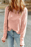 Apricot Pink Textured Round Neck Long Sleeve Top-Tops-MomFashion