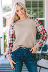 Apricot Plaid Raglan Sleeve Sweatshirt-Tops-MomFashion