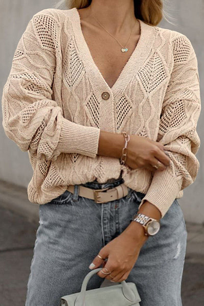 Apricot Plus Size Knitted Hollow out Button up Cardigan-Plus Size-MomFashion