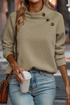 Apricot Quilted Buttoned Neckline Stand Neck Pullover Sweatshirt-Tops-MomFashion