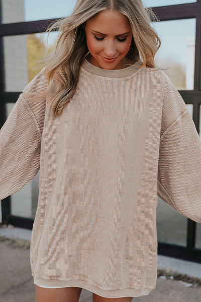 Apricot Ribbed Corded Oversized Sweatshirt-Tops-MomFashion