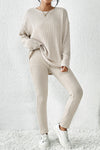 Apricot Ribbed Knit Loose Long Sleeve Top Skinny Pants Set-Loungewear-MomFashion