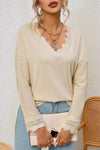 Apricot Ribbed Texture Lace Trim V Neck Long Sleeve Top-Tops-MomFashion