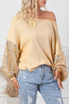 Apricot Sequin Patchwork Sleeve Open Back Waffle Knit Top-Tops-MomFashion