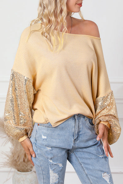 Apricot Sequin Patchwork Sleeve Open Back Waffle Knit Top-Tops-MomFashion