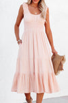 Apricot Smocked Ruched Sleeveless High Waist Midi Dress-Dresses-MomFashion
