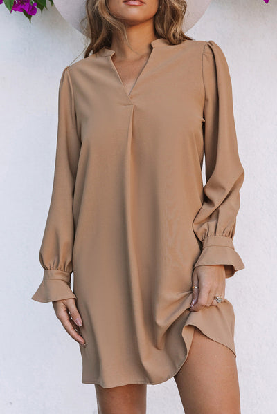 Apricot Split V Neck Ruffled Sleeves Shirt Dress-Dresses-MomFashion