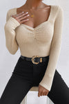 Apricot Square Neck Ruched Textured Knit Top-Tops-MomFashion