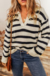 Apricot Striped Knit Drop Shoulder Collared V Neck Sweater-Tops-MomFashion