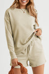Apricot Textured Long Sleeve Top and Drawstring Shorts Set-Loungewear-MomFashion