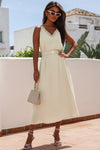 Apricot V Neck Sleeveless Maxi Dress with Elastic Belt-Dresses-MomFashion
