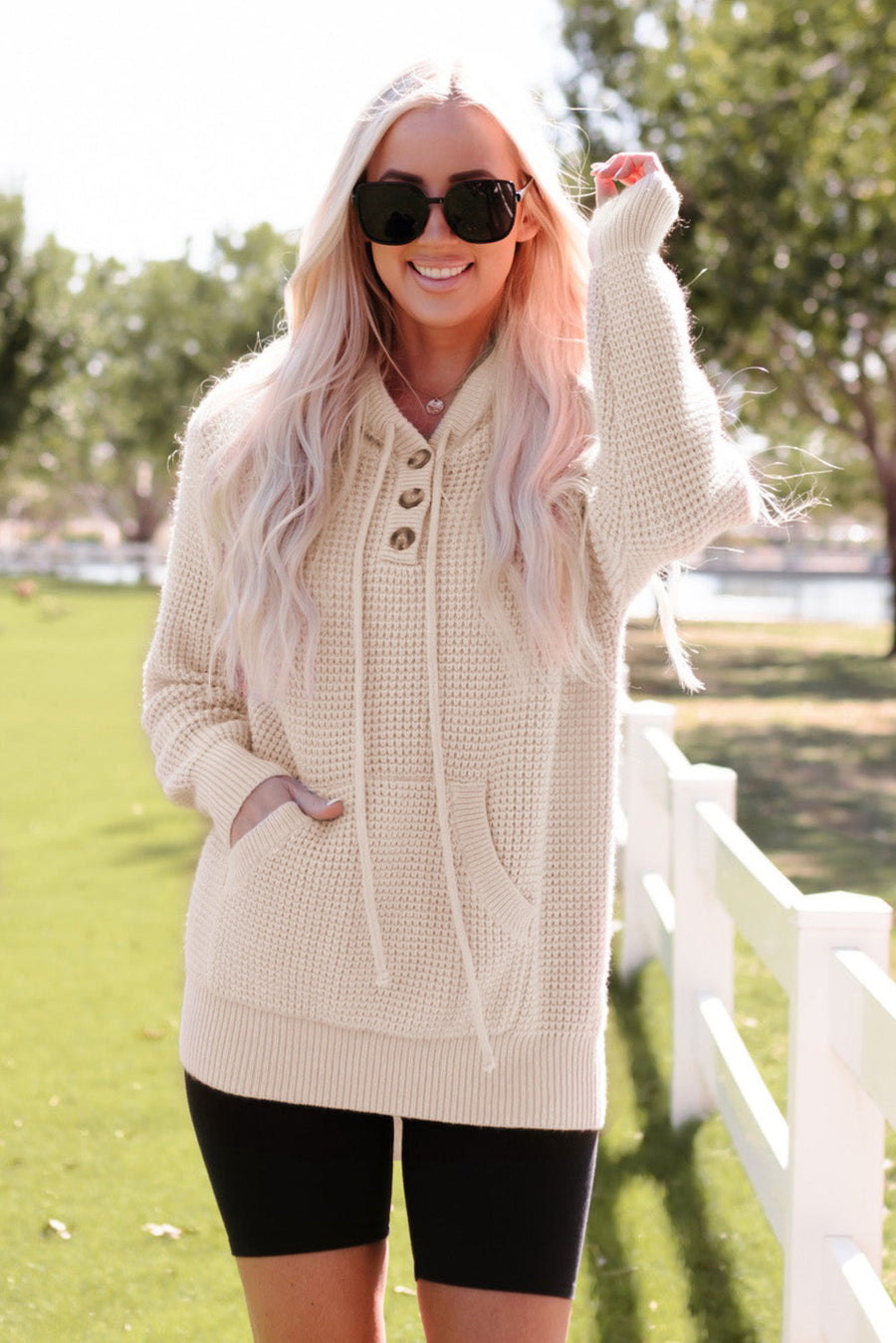 Apricot Waffle Knit Buttons Hooded Sweater with Pocket-Tops-MomFashion
