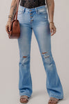 Beau Blue High Waist Button Front Ripped Flare Jeans-Bottoms-MomFashion