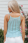 Beau Blue Tied Shoulder Pointelle Knit Tank Top-Tops-MomFashion