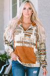 Beige Aztec Print Kangaroo Pocket Half-Zip Hoodie-Tops-MomFashion