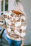 Beige Aztec Print Kangaroo Pocket Half-Zip Hoodie-Tops-MomFashion