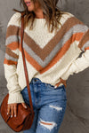 Beige Chevron Striped Drop Shoulder Sweater-Tops-MomFashion