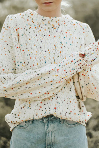 Beige Colorful Dots Cable Knit Crew Neck Sweater-Tops-MomFashion