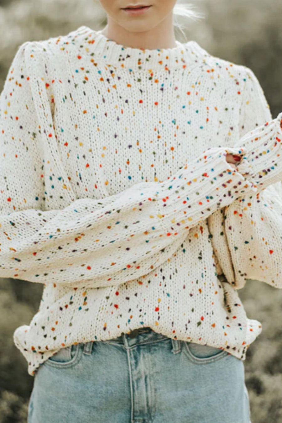 Beige Colorful Dots Cable Knit Crew Neck Sweater-Tops-MomFashion