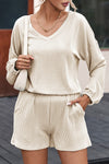 Beige Corded V Neck Slouchy Top Pocketed Shorts Set-Loungewear-MomFashion