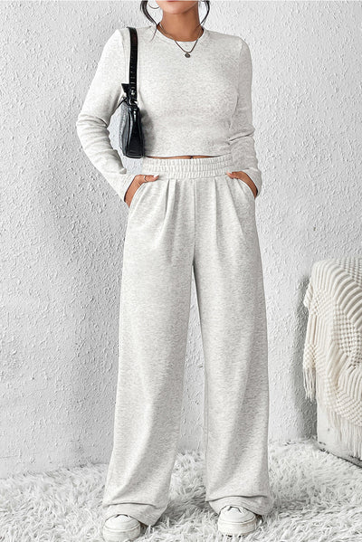 Beige Crop Top and Wide Leg Pants Two Piece Set-Loungewear-MomFashion