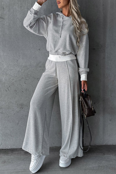 Beige Drawstring Hoodie Splicing Wide-Leg Pants Two Piece Set-Loungewear-MomFashion