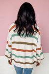 Beige Drop Shoulder Pocketed Stripe Sweater Cardigan-Tops-MomFashion