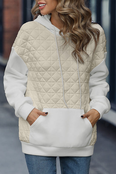 Beige Drop Shoulder Quilted Patchwork Kangaroo Pocket Hoodie-Tops-MomFashion