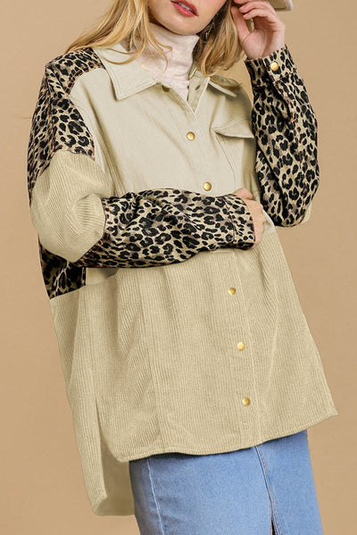 Beige Leopard Patchwork High Low Shirt Jacket-Outerwear-MomFashion