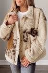 Beige Leopard Patchwork Snap Buttons Sherpa Jacket-Outerwear-MomFashion