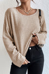 Beige Lettuce Cuffs Drop Shoulder Loose Ribbed Knit Top-Tops-MomFashion