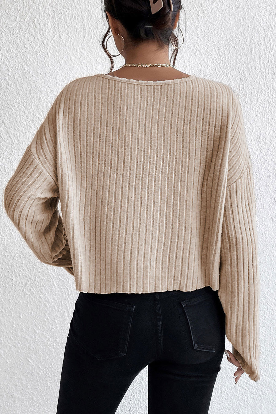 Beige Lettuce Cuffs Drop Shoulder Loose Ribbed Knit Top-Tops-MomFashion