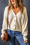 Beige Plain Knitted Buttoned V Neck Cardigan-Tops-MomFashion