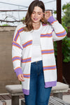 Beige Plus Size Striped Dropped Shoulder Sweater Cardigan-Plus Size-MomFashion