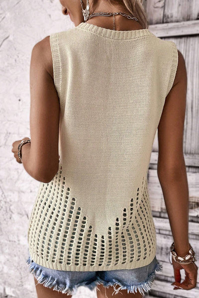 Beige Pointelle Detail Solid Color Knit Sweater Vest-Tops-MomFashion