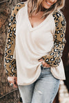 Beige Printed Plus Size Waffle Knit Contrast Leopard Long Sleeve Top-Plus Size-MomFashion
