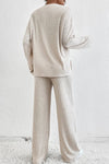 Beige Ribbed Drop Shoulder Henley Top Wide Leg Pants Set-Loungewear-MomFashion