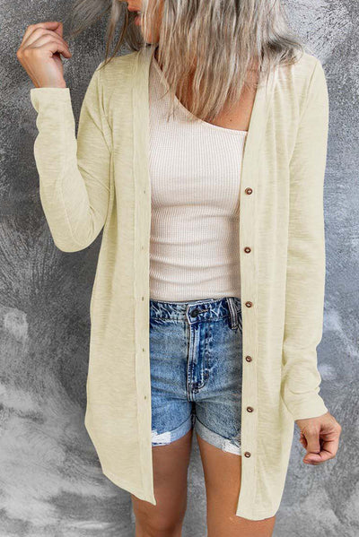 Beige Solid Color Open-Front Buttons Cardigan-Tops-MomFashion