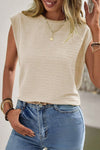 Beige Solid Textured Batwing Sleeve Crew Neck T Shirt-Tops-MomFashion