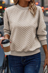 Beige Solid Textured Raglan Sleeve Pullover Sweatshirt-Tops-MomFashion