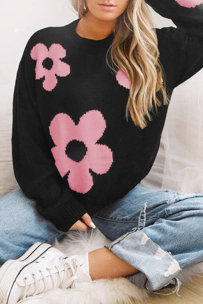 Big Flower Pattern Knit Sweater-Tops-MomFashion