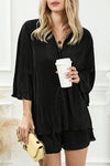 Black 3/4 Sleeves Pleated Shirt and High Waist Shorts Lounge Set-Loungewear-MomFashion