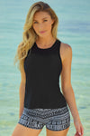 Black 3pcs Mesh Cutout Print Tankini Swimsuit-Swimwear-MomFashion