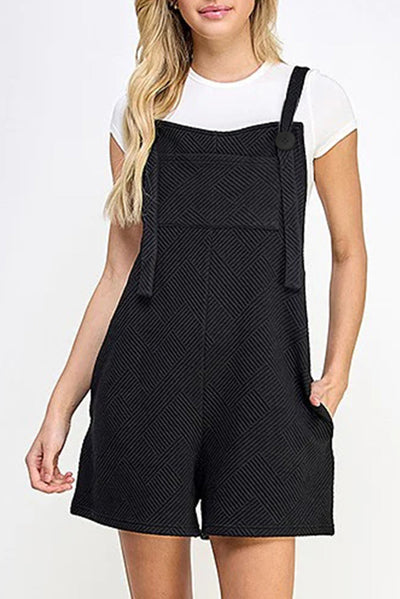 Black Adjustable Straps Textured Romper-Bottoms-MomFashion