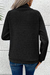 Black Asymmetric Buttons Detail High Neck Textured Sweatshirt-Tops-MomFashion