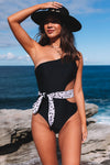 Black Asymmetric Cutout Belted One-piece Swimwear-Swimwear-MomFashion