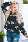 Black Aztec Pattern Zipper Collared Sherpa Jacket-Outerwear-MomFashion